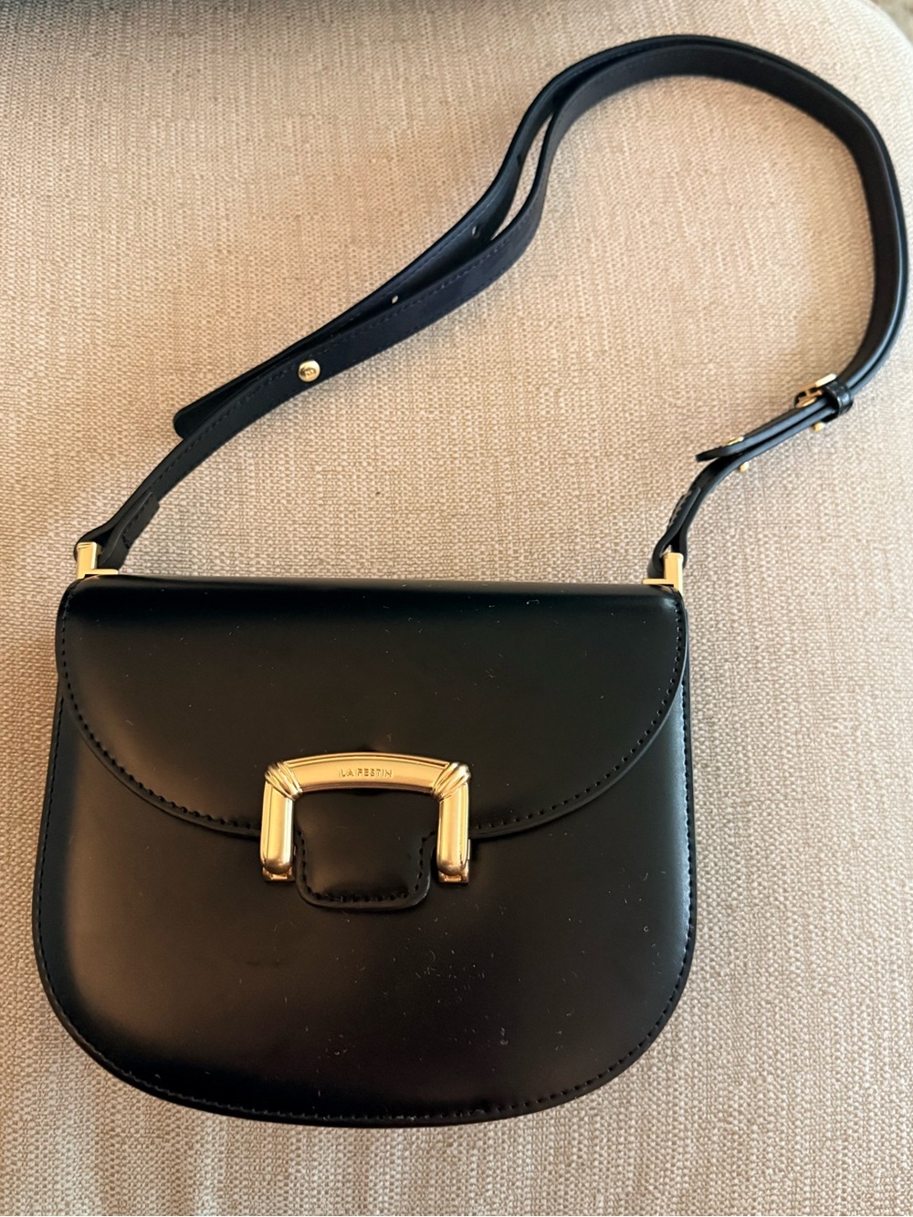 LA FESTIN Black Leather Shoulder Bag with Gold Hardware